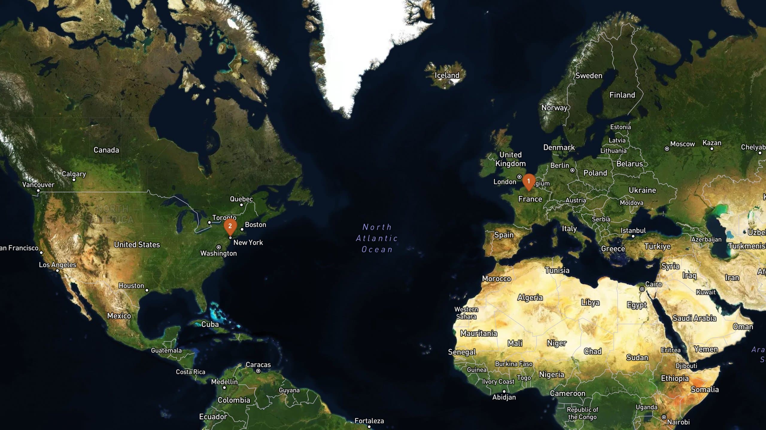 Satellite map showing a Paris to New York flight path with city markers